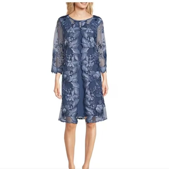 Alex Evenings Round Neck Floral Embroidered 3/4 Sleeve Jacket Dress - Picture 1 of 11